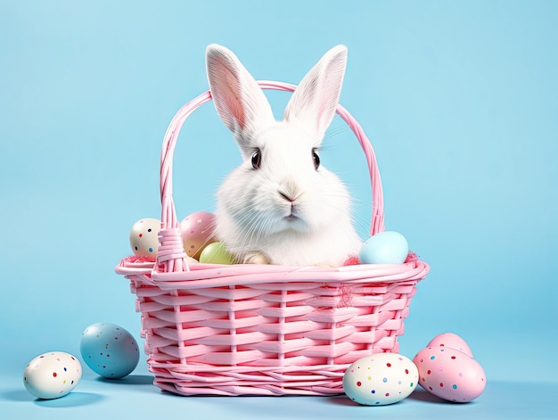 Conejo de Pascua blanco en una canasta rosa