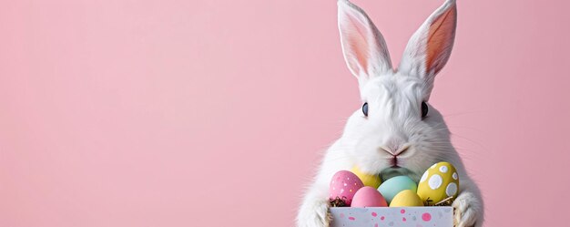 Conejo de Pascua blanco gracioso sosteniendo una caja de huevos de Pascua en un fondo rosa claro