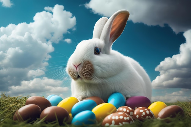 Conejo de pascua blanco en la hierba rodeado de huevos de colores bajo un cielo azul