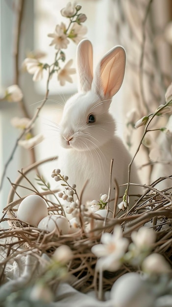 Un conejo de Pascua blanco un nido con huevos de pollo blancos y ramas en flor en un fondo claro