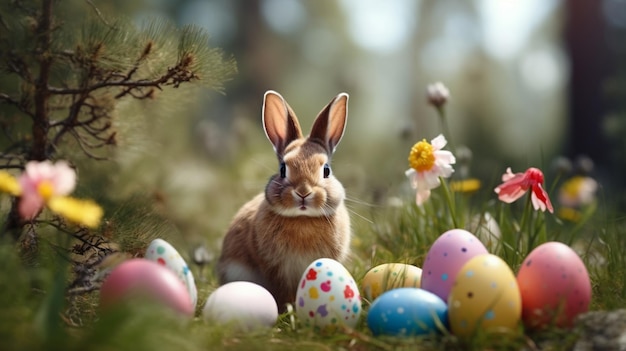 Un conejo de Pascua en el bosque con un conejo de Pascua.