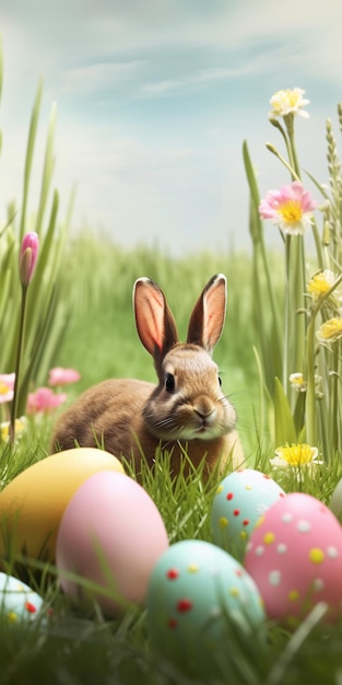 Conejo de Pascua en el campo de hierba verde prado de primavera