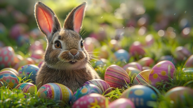 Conejo de Pascua en un campo de huevos de colores vibrantes que simbolizan la alegría y la celebración de Pascua atmósfera feliz y brillante AI Generative