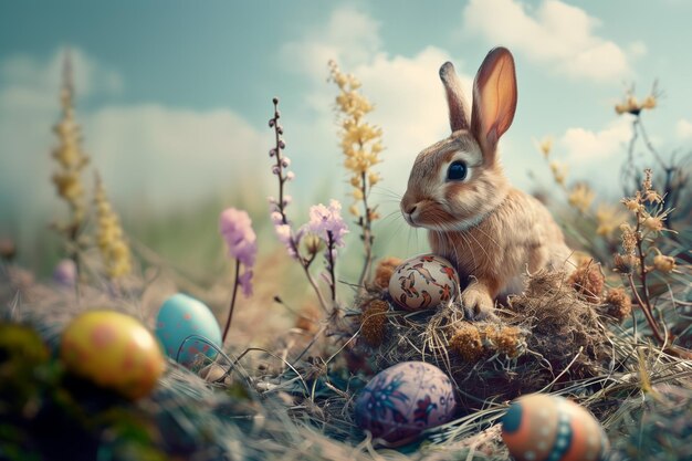 El conejo de Pascua en el campo rodeado de huevos de Pascuas en primavera