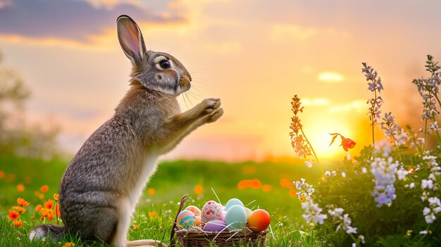 Conejo de Pascua con una canasta de huevos Feliz conejo de Pascua en una tarjeta en sus patas traseras Generativo Ai