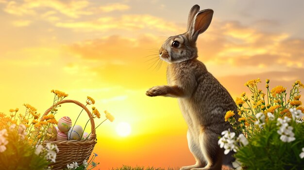 Conejo de Pascua con una canasta de huevos Feliz conejo de Pascua en una tarjeta en sus patas traseras Generativo Ai