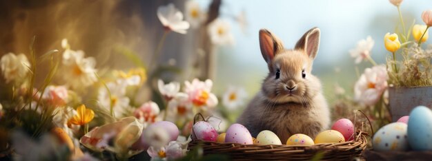 Conejo de Pascua con una canasta de huevos de Pascua y flores