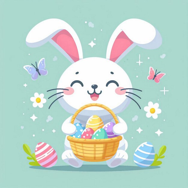 Conejo de Pascua con una canasta llena de huevos de Pascua