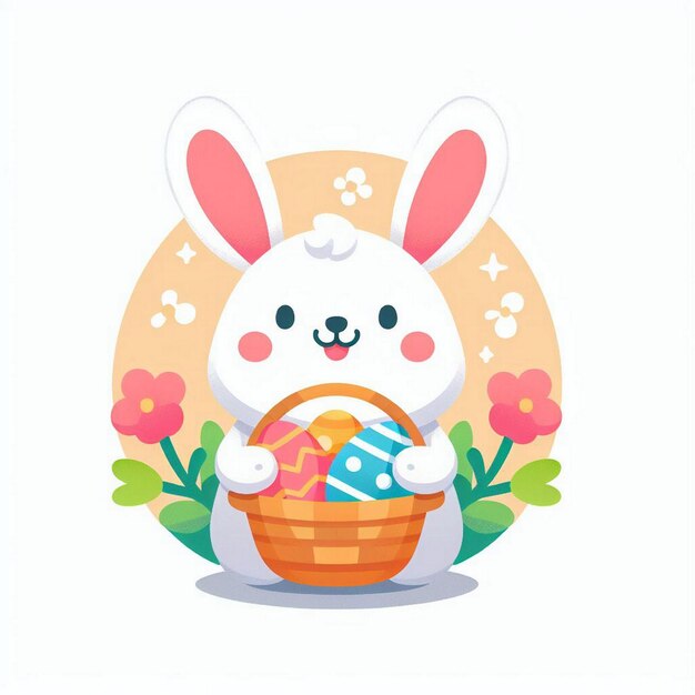 Foto conejo de pascua con una canasta llena de huevos de pascua
