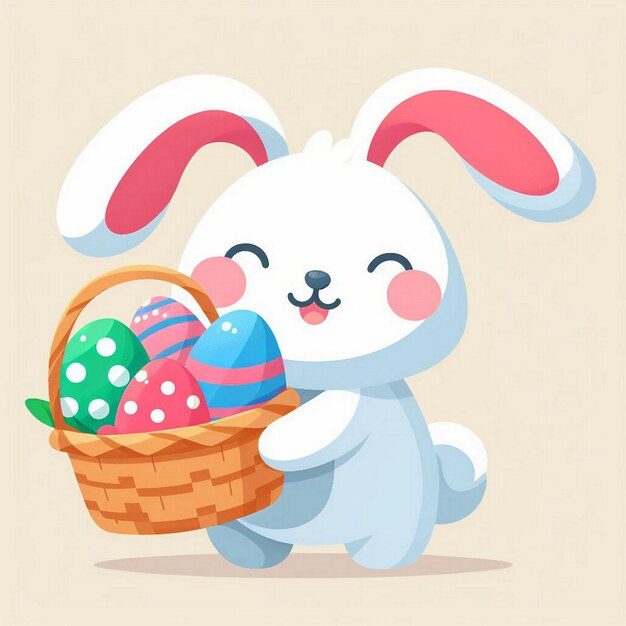 Foto conejo de pascua con una canasta llena de huevos de pascua