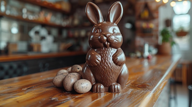 conejo de Pascua de chocolate con una canasta de huevos de colores