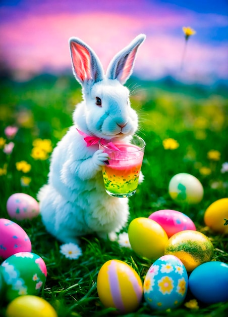 Foto conejo de pascua con cóctel y huevos enfoque selectivo