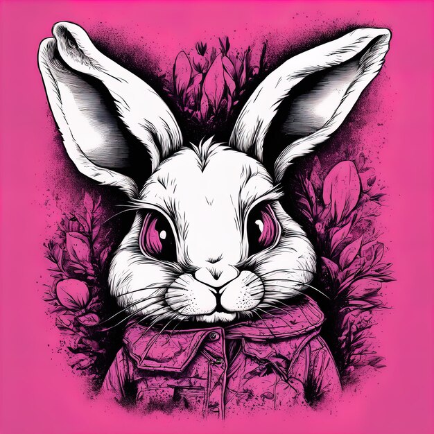 Conejo de Pascua en colores rosados y negros Ilustración vectorial Conejo con un lazo rosado Conejo de pascua rab