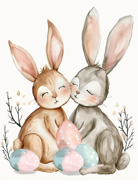 Conejo de Pascua y conejo con huevos de Pascua Ilustración en acuarela