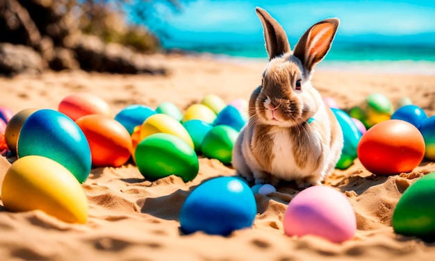 Foto el conejo de pascua está descansando en la playa enfoque selectivo