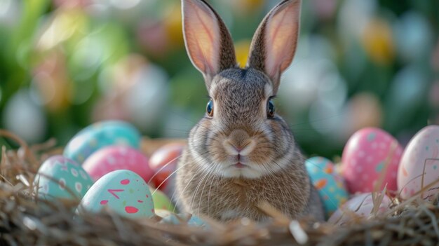 El conejo de Pascua entrega golosinas en medio de decoraciones festivas