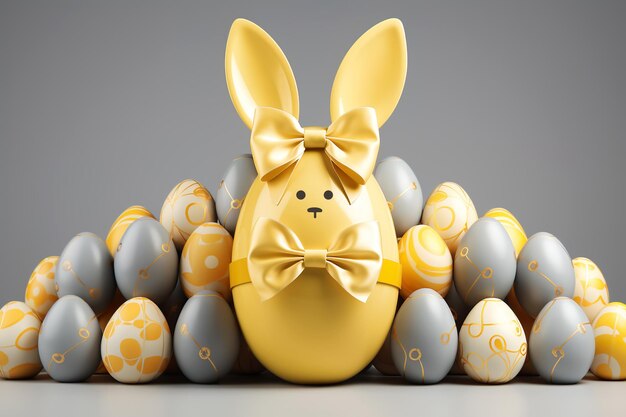 Foto conejo de pascua escondido en huevos amarillos sobre un fondo gris pastel concepto de vacaciones de pascua lujo