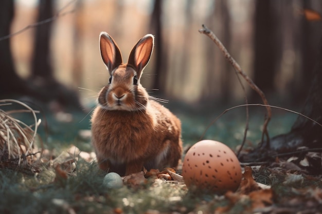 Conejo de Pascua feliz sentado en la hierba en el bosque generativo ai