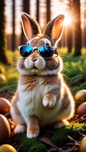 Conejo de Pascua con gafas de sol flores y huevos de colores feliz concepto de Pascua