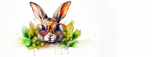 Conejo de Pascua con gafas de sol y hojas de lechuga sobre un fondo blanco Ilustración vectorial