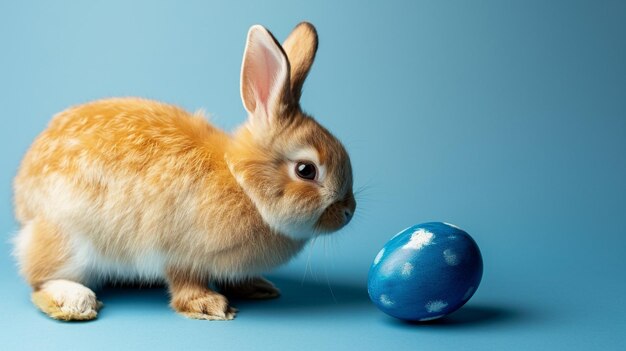 Conejo de Pascua con huevo pintado de azul sobre fondo azul concepto de vacaciones de Pascua Generativo Ai