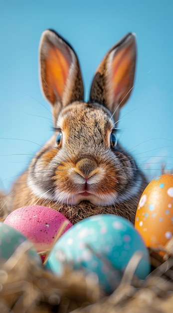 Conejo de Pascua con huevos de colores, flores y un conejo en un campo con luz solar