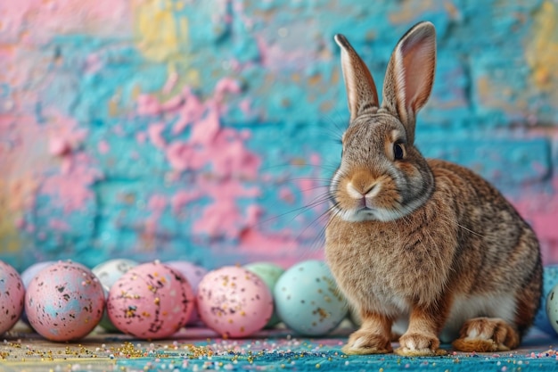 Conejo de Pascua con huevos de colores, flores y un conejo en un campo con luz solar