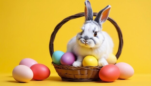 Conejo de Pascua y huevos de colores de fondo amarillo plantilla de bandera feliz espacio de copia de Pascua generado por IA