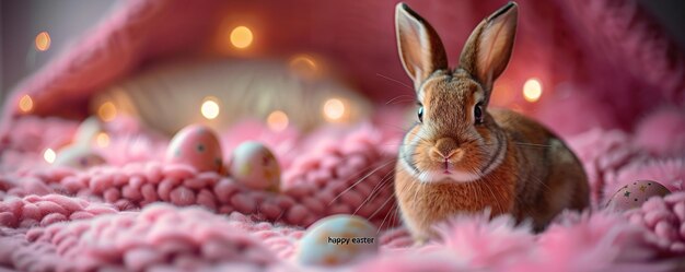 Conejo de Pascua y huevos de colores sobre un fondo rosa