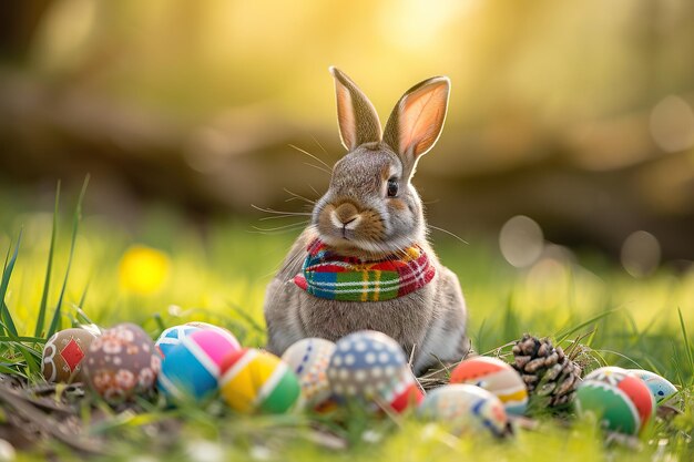 Conejo de Pascua con huevos de colores