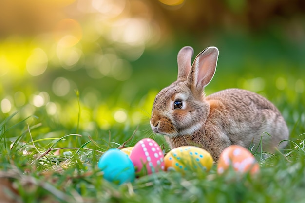 Conejo de Pascua con huevos de colores