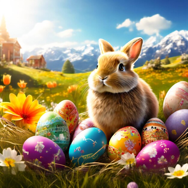 Foto conejo de pascua y huevos coloridos en el fondo de la naturaleza concepto de pascua conejo de pascua lindo