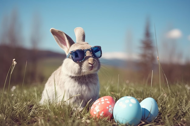 Conejo de Pascua con huevos coloridos en hierba verde y fondo de cielo azul generado por la IA