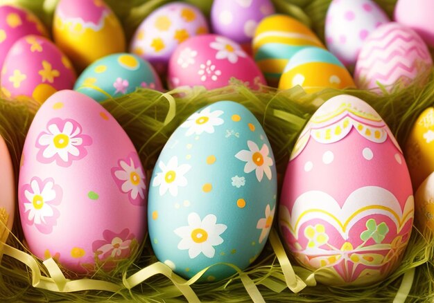 Conejo de Pascua con huevos coloridos en el nido ai generativo