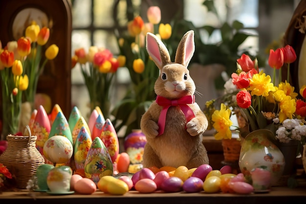 Conejo de Pascua y huevos coloridos sobre un fondo de tulipanes rojos y amarillos.
