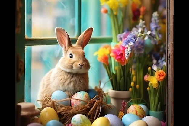 Foto conejo de pascua con huevos coloridos y tulipanes en el alféizar de la ventana