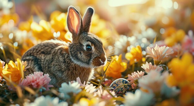 conejo de Pascua y huevos conejo de pascua en el jardín