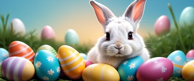 Conejo de Pascua y huevos decorados concepto de caza de huevos vacaciones de primavera