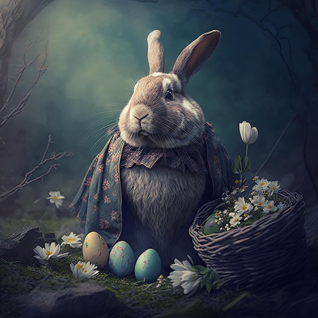 Conejo de Pascua con huevos y flores
