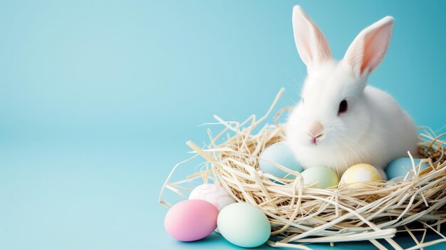 Conejo de Pascua con huevos en fondo azul diseño de tarjeta festiva