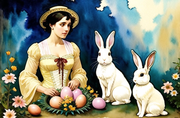 Conejo de Pascua y huevos paisaje pintura de acuarela tema de Pascua diseño feliz Pascua AI generado