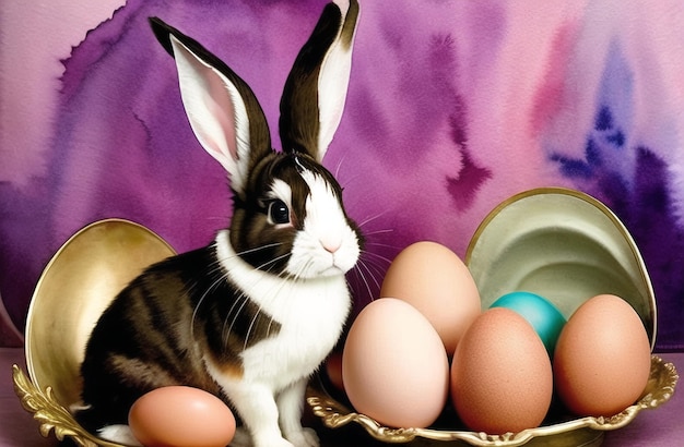Conejo de Pascua y huevos paisaje pintura de acuarela tema de Pascua diseño feliz Pascua AI generado