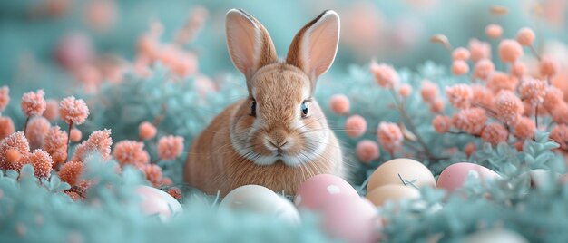 Conejo de Pascua con huevos de Pascua en un campo soleado de primavera