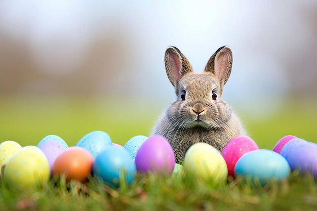 Conejo de Pascua y huevos de Pascua en el césped