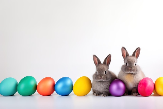 Conejo de Pascua con huevos de Pascua de colores de fondo