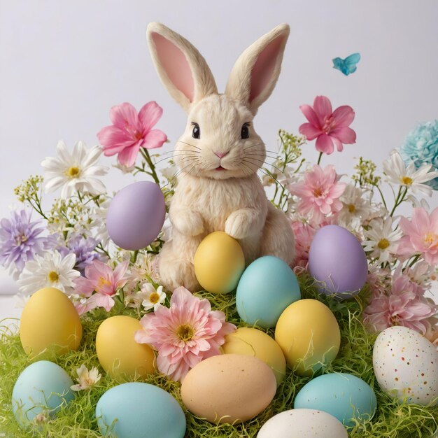 Foto conejo de pascua con huevos de pascua feliz pascua