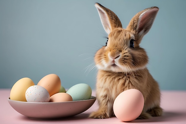 Conejo de Pascua con huevos de Pascua en fondo pastel fotografía de estudio