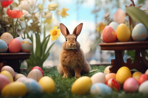 Conejo de Pascua y huevos de Pascua en la hierba verde Imagen generativa ai