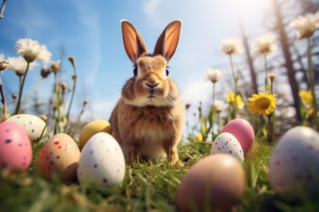 Conejo de Pascua y huevos de Pascua en la hierba verde Imagen generativa ai