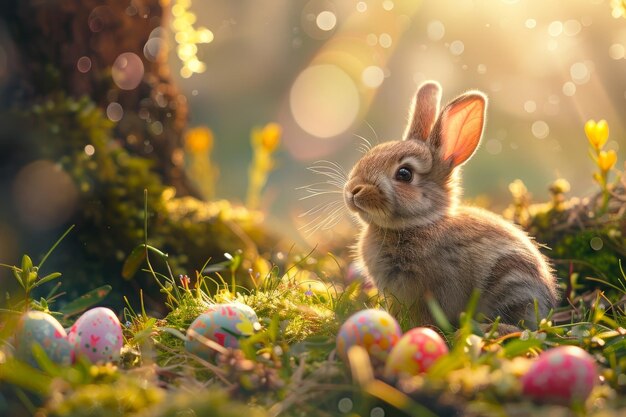 Foto conejo de pascua con huevos de pascua en la hierba